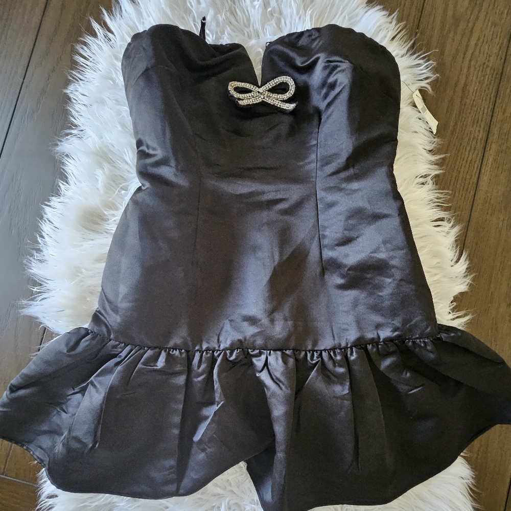 Maeve Strapless Black Dress with Silver Bow